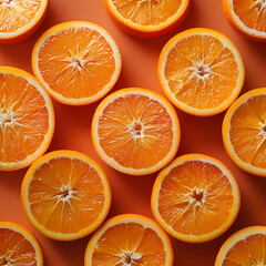 flatlay of 10 many rows of orange slices on an orange background