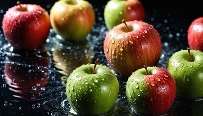 Fresh apples with droplets of water. Close-up of fresh apples glistening with water drops. Juicy fruit background. Fruits fall into the water with splashes all over the sides.