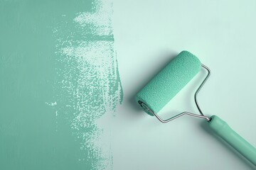 Obraz premium Roller brush with green paint on the wall