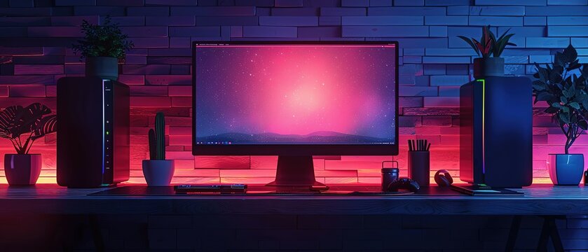 Empty monitor of PC dekstop at the modern workplace neons creen concept