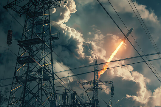 High voltage substation attacked by military air missile, smoke and fire