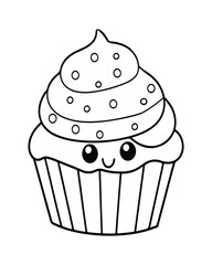 
Cute Kawaii cupcake coloring Pages, Cupcake illustration, cupcake black and white,  cupcake flat design, cake vector art.