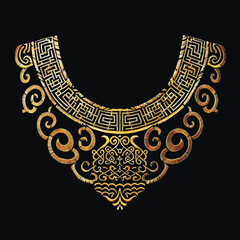 Chinese traditional style embroidery gold floral 3d neckline design with swirls, meanders, waves, stitching lines. Beautiful ornate modern luxury isolated lacy needle ornaments. Surface 3d texture