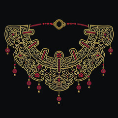 Chinese style embroidery gold red 3d neckline design with braided knots and fringes. Traditional asian auspicious happy symbols. Beautiful ornate luxury lacy knotting ornaments. Surface texture