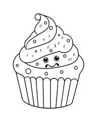 
Cute Kawaii cupcake coloring Pages, Cupcake illustration, cupcake black and white,  cupcake flat design, cake vector art.