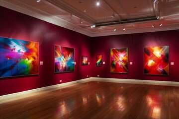 Luxurious Art Gallery Interior with Crimson Walls Featuring Abstract Art, Ideal Copy Space for Text