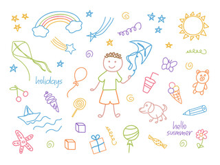 Funny doodl boy childish elements set. Summer holidays, fun, happy childhood illustration. Hand drawn cute colorful background. Elements for kids design