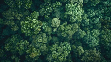 Naklejka na ściany i meble An aerial top view capturing the dense and vibrant green canopy of a forest, highlighting the concept of rainforest ecosystem and healthy environment