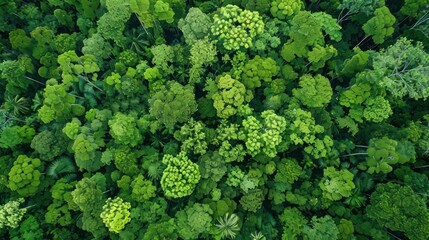 An aerial top view capturing the dense and vibrant green canopy of a forest, highlighting the concept of rainforest ecosystem and healthy environment