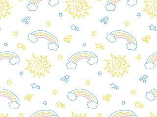 Baby doodle seamless pattern. Summer holidays. Sun, rainbow, stars colored hand drawn background. Pattern for wallpaper, card, brochure, banner, fabric print