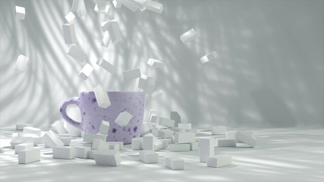 Purple speckled coffee cup with flying sugar cubes in 3D render