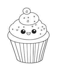 
Cute Kawaii cupcake coloring Pages, Cupcake illustration, cupcake black and white,  cupcake flat design, cake vector art.