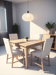 A modern dining room featuring a wooden table with four white chairs, a hanging lamp, and a shelf with plants.
