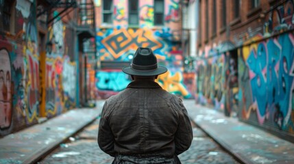A man wearing a fedora hat stands with arms crossed facing away from the camera. In the distance a graffiticovered alleyway can . . - obrazy, fototapety, plakaty