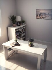 A modern minimalist home office with a white desk, bookshelf, and decorative plants, illuminated by natural light.