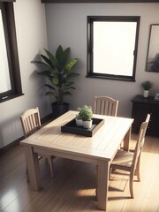 A modern dining room with a wooden table, chairs, and a large plant near the window, bathed in natural light.