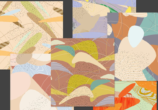 Seamless Pattern Set with Organic Grunge Textured Overlapping Oval Wavy Shapes and Lines