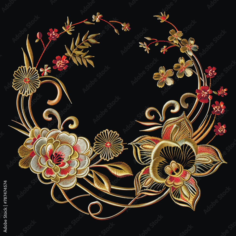 Poster traditional japanese chinese style embroidery colorful 3d neckline with bloom textured flowers, gold