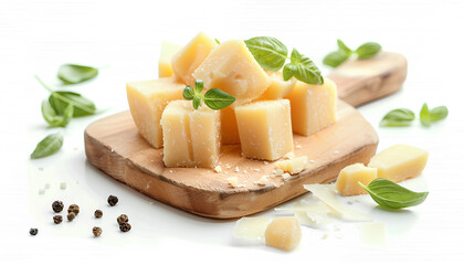 Board with pieces of tasty cheddar cheese and basil on white background
