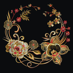 Traditional japanese chinese style embroidery colorful 3d neckline with bloom textured flowers, gold stitching lines. Beautiful necklace ornament. Embroidered ethnic floral isolated neckline design