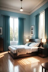 Elegant bedroom with blue walls, sunlight streaming through the window, and a neatly made bed.