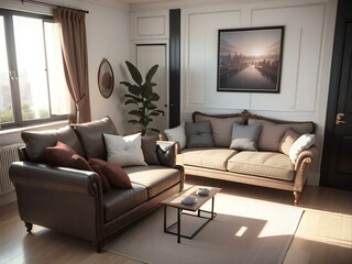 Elegant living room with classic furniture including a sofa and armchair, a small coffee table, and a large framed cityscape painting on the wall.