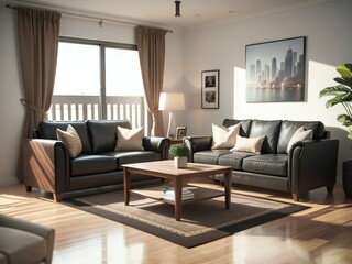 Modern living room with two black leather sofas, a wooden coffee table, and a cityscape wall art. Sunlight streams through the window.