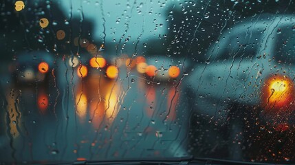 Raindrops cover a car windshield, blurring the road ahead and capturing the challenge of driving during a rain shower, with each droplet distorting the view.

 - obrazy, fototapety, plakaty