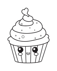 
Cute Kawaii cupcake coloring Pages, Cupcake illustration, cupcake black and white,  cupcake flat design, cake vector art.