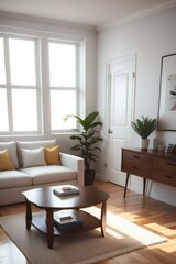 Bright and cozy living room with modern furniture, including a sofa, coffee table, and wooden cabinet, complemented by a large window and indoor plant.