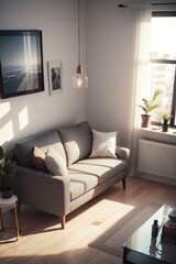 Cozy living room with a modern sofa, plants, and soft lighting, creating a warm and inviting atmosphere.