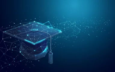Gardinen Abstract low poly wireframe of digital modern education concept with graduation hat on blue background Digital illustration symbol for online learning, knowledge and innovation Generative AI © SKIMP Art
