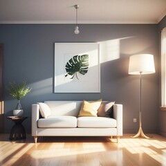 Modern living room interior with a white sofa, floor lamp, and a framed monstera leaf artwork on a gray wall.