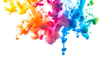 Colorful ink splashes. Dynamic swirl of blending colors in water against white background. Multicolored paint drops