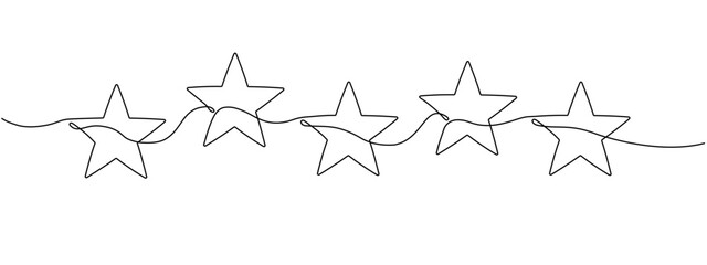 A continuous outline of five stars. Single line editable 5 star icon. Concept of rating service and customer reviews. Christmas divider. Minimalistic vector drawing. © Sviatlana