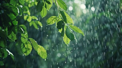 A close-up view of a dense jungle during a rain shower, capturing water droplets clinging to the vivid green leaves, highlighting the lush, wet environment.

 - obrazy, fototapety, plakaty