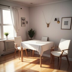 Fototapeta premium A cozy dining room with a table set for two, natural light streaming through a window, and decorative items on the walls.