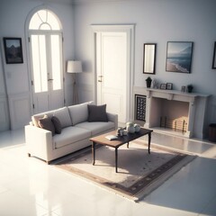 Elegant living room with a white sofa, wooden coffee table, and decorative fireplace. Sunlight fills the space, creating a warm, inviting atmosphere.