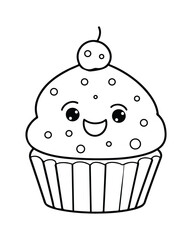 
Cute Kawaii cupcake coloring Pages, Cupcake illustration, cupcake black and white,  cupcake flat design, cake vector art.