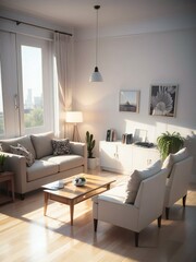 Bright and cozy living room with modern furniture, large windows, and warm sunlight.