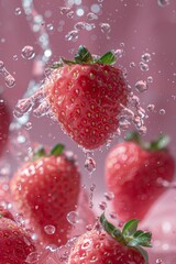 Fresh Strawberries Falling Down on Pink Background. Splashing Water. AI Generated