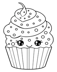 
Cute Kawaii cupcake coloring Pages, Cupcake illustration, cupcake black and white,  cupcake flat design, cake vector art.