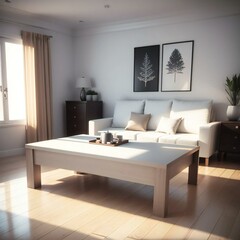 Modern living room with a white sofa, coffee table, and wall art in a well-lit interior.