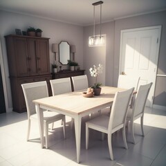 Elegant dining room with a wooden table, white chairs, and a cabinet in a well-lit interior.