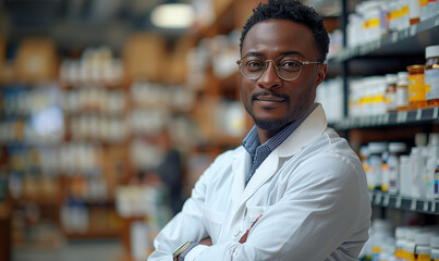 Fototapeta premium Pharmacy: Professional Confident Black Pharmacist Wearing Lab Coat and Glasses, Crosses Arms and Looks at Camera Smiling Charmingly. Druggist in Drugstore Store with Shelves Health Care Products