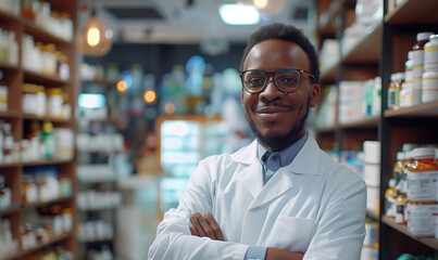 Obraz premium Pharmacy: Professional Confident Black Pharmacist Wearing Lab Coat and Glasses, Crosses Arms and Looks at Camera Smiling Charmingly. Druggist in Drugstore Store with Shelves Health Care Products