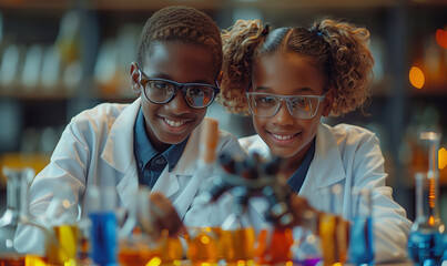 Two african american cute little boy and girl student child learn science research and doing a chemical science experiment making analyzing and mix liquid in test tube on class at school