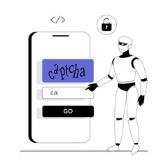 Bypass captcha, Anti captcha, Solving service. Robot enters captcha on the phone screen. Vector illustration with line people for web design.
