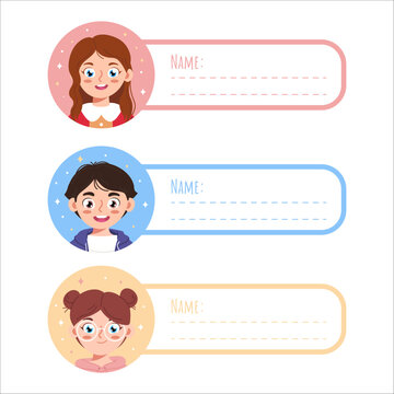 Name Tags For School. Back to school labels. Set stickers for notebook.	Cute kid boy and girl name tags for school. Sticky labels set for children name.   For office school, scrapbooking, print.
