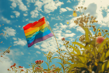 Rainbow flag flutters, blue sky in the background